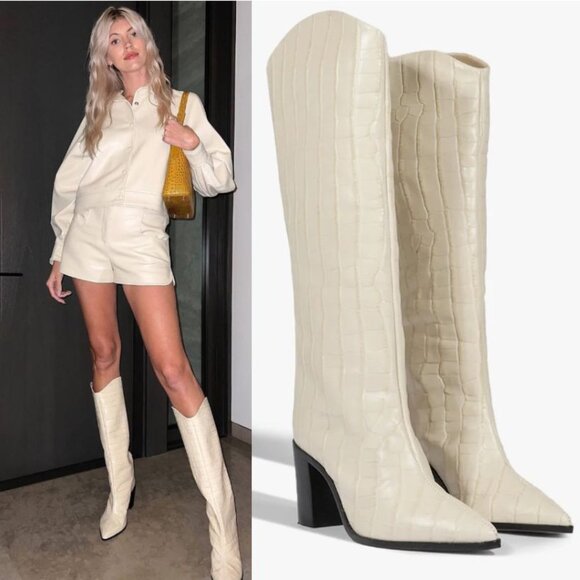 SCHUTZ Maryana Block Heel Tall Boots 10.5 Egg Shell Croco Embossed Leather NEW - Picture 1 of 16